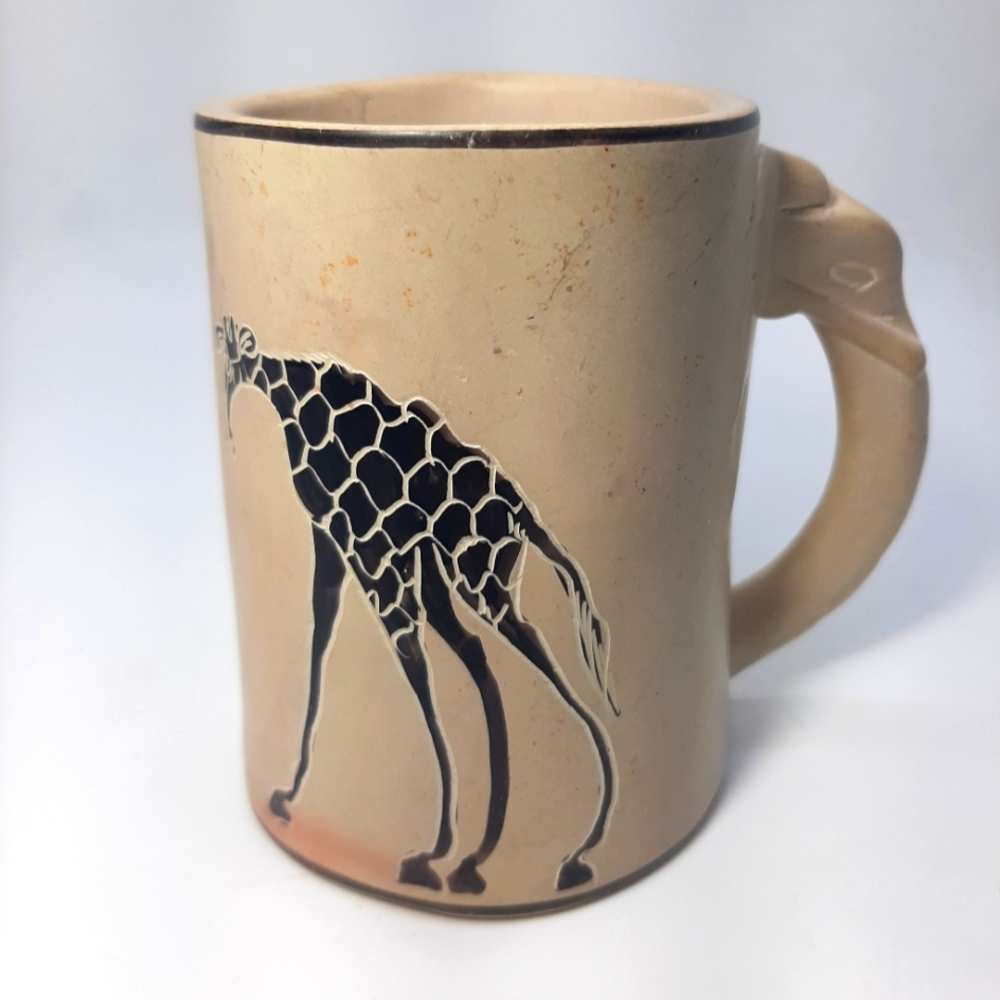 Hand Carved Stone African Tribal Giraffe Elephant Cup Mug